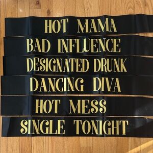 Black and Gold Party Sashes - Fun Bachelorette Phrases